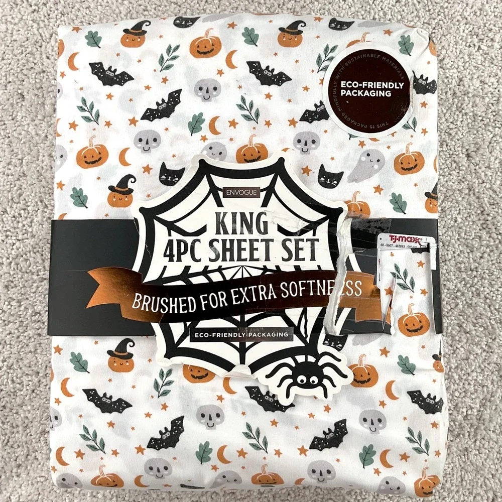 EnVogue Halloween King Sheet Set 4pc Pumpkins Ghosts Bats Black Cats White NEW